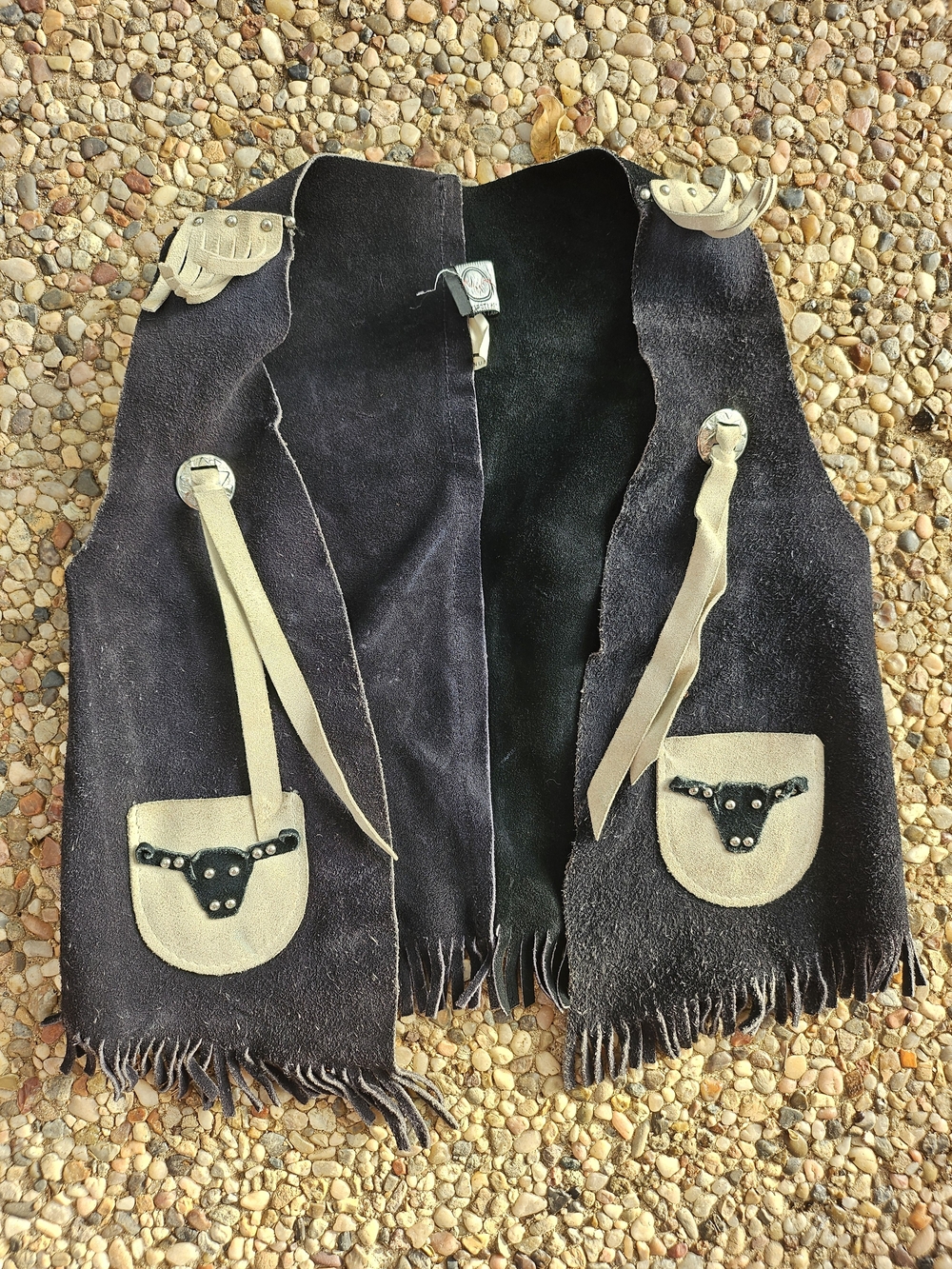 Vintage Sheplers USA Kid's Western Black Suede Leather Cowboy Vest Longhorns L